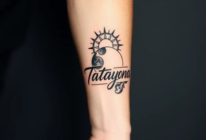 Forearm tattoo for a man using the name “Tatayana” Starting from the wrist, stretching to the elbow with the sun and moon Incorporated tattoo idea