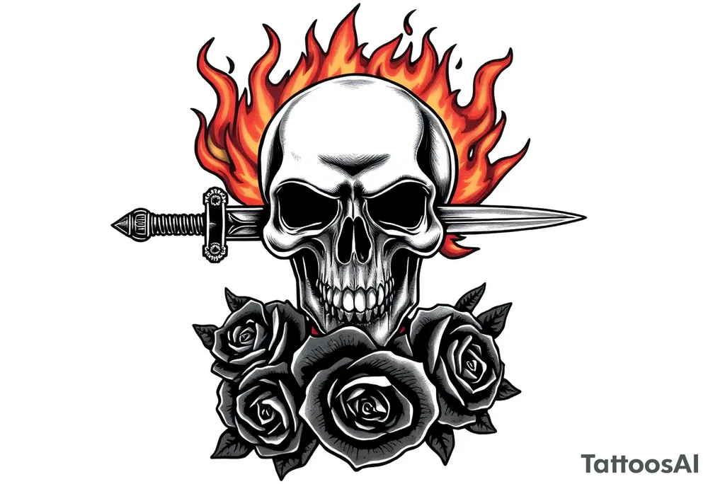 Skull engulfed in flames, broadsword through it, dark roses cascade down. tattoo idea