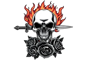 Skull engulfed in flames, broadsword through it, dark roses cascade down. tattoo idea