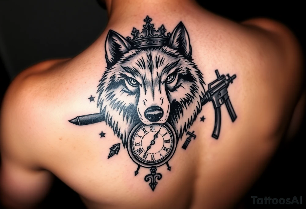 “A detailed black and gray tattoo design featuring a wise wolf head with intense eyes, surrounded by a broken crown, an antique pocket watch with Roman numerals, and a compass pointing north. Subtle AK-47 silhouette elements are blended in the background as a symbolic shadow, not aggressive. Realistic style, fine lines, deep shading, placed on the inner forearm.” tattoo idea