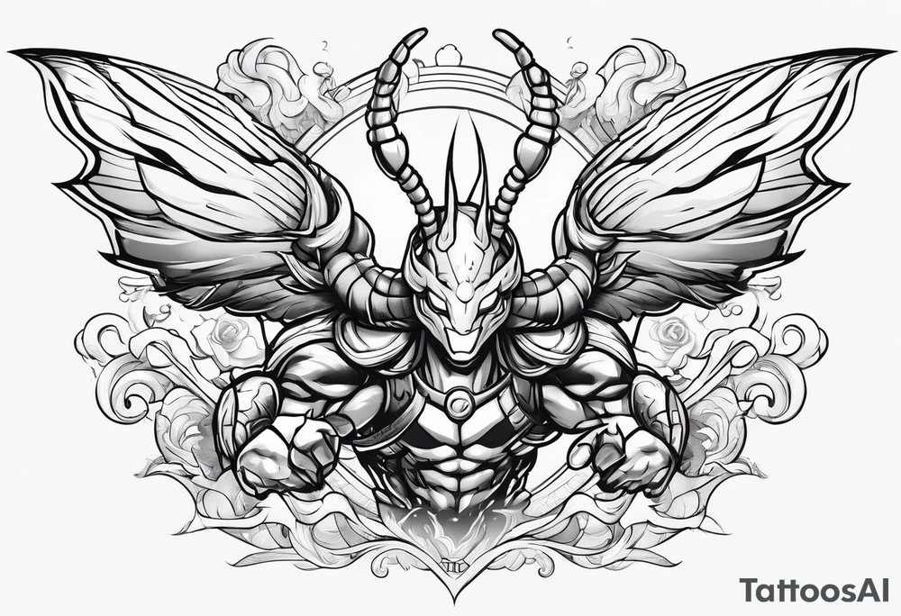 cartoon shrimp with a muscular superhero body flying through the air tattoo idea
