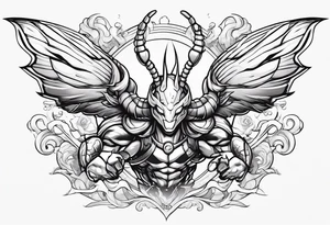 cartoon shrimp with a muscular superhero body flying through the air tattoo idea