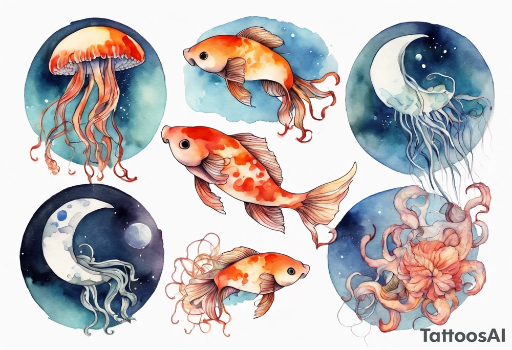 1 jellyfish with the moon in the lid. Then with mini koi carp and jellyfish swimming amongst the tentacles tattoo idea