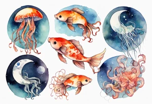 1 jellyfish with the moon in the lid. Then with mini koi carp and jellyfish swimming amongst the tentacles tattoo idea