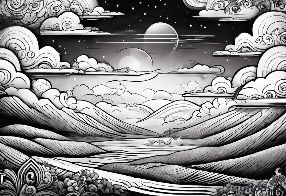 clouds with lettering of something in the bible with a face and like a journey being the face with jice eyes tattoo idea