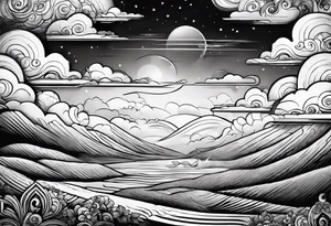 clouds with lettering of something in the bible with a face and like a journey being the face with jice eyes tattoo idea