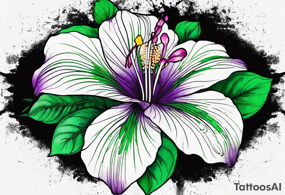A mystical outline of a rio dipladenia flower and a green and purple watercolor splash in the background tattoo idea