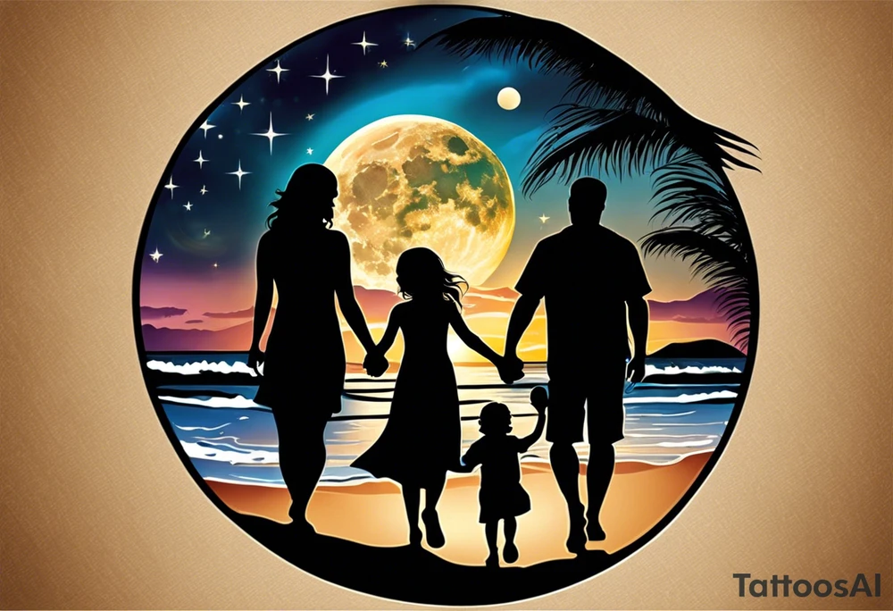 Create a stunning image of a realistic tattoo design that features a husband and wife holding hands, accompanied by their two children, walking along a beautiful beach. The moon shines radiantly in the night sky, illuminating the serene scene. Let your creativity flourish as you envision the intricate details that bring this tattoo to life, encapsulating the essence of love, family, and the awe-inspiring beauty of nature. tattoo idea