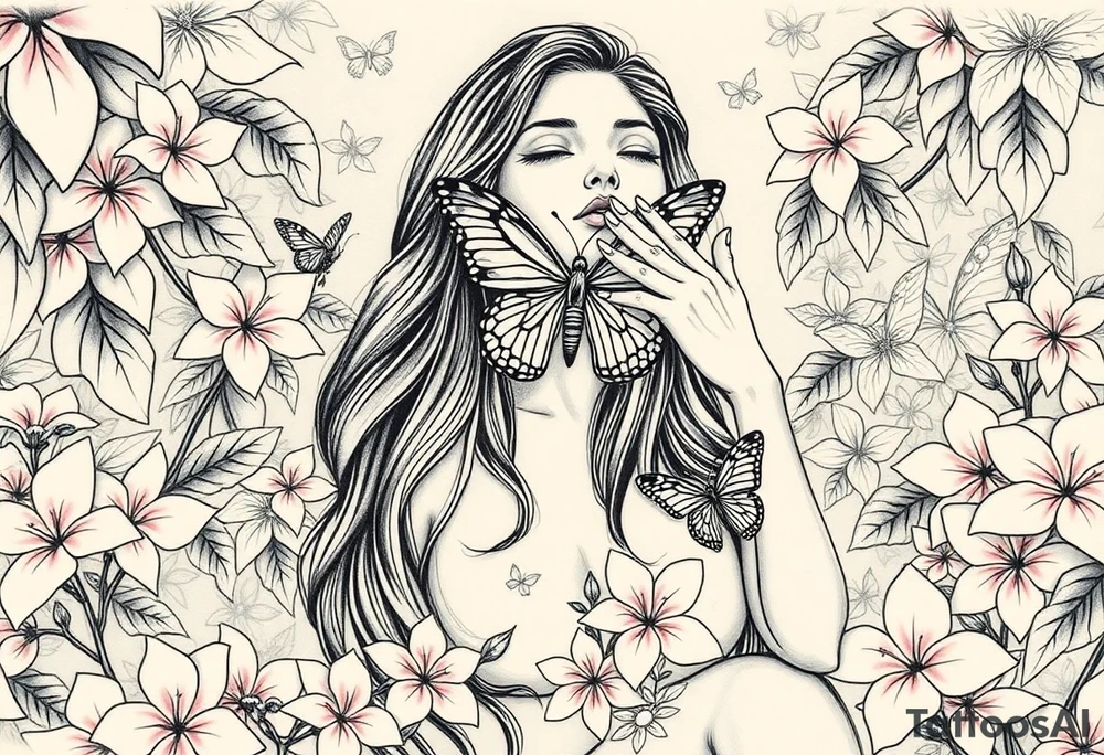 Women with long long hairs beautiful  deep fatures kneeling looking up with her her lips sealed shut as saying for speak no evil and the top where her eyes are a theres a big butterfly that's lower part of its body is covering her eyes like a blond fold for see no evil with her hand covering her hears for hear no evil amd surrounding her mediem to small and smaller butterfly's while she is kneeling in a garden with Beautiful pink plumeria surrounding her tattoo idea
