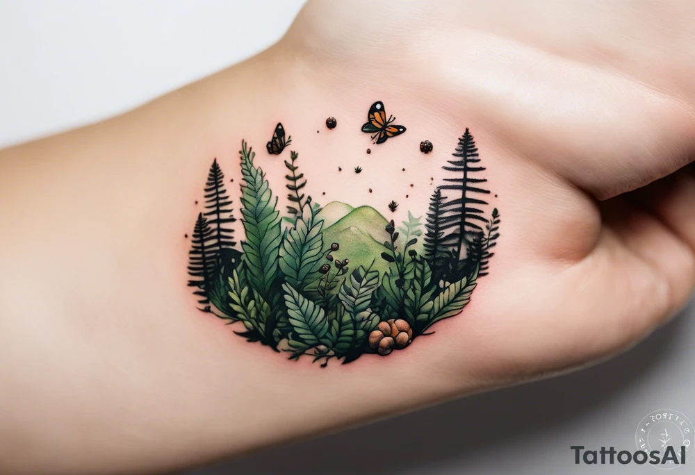 minimalistic forest floor inspired tattoo, which includes grass, moss, curly ferns and dead leaves as the bulk of the tattoo. details to include: forest berries, couple of very small brown mushrooms, a tiny bumblebee flying nearby tattoo idea