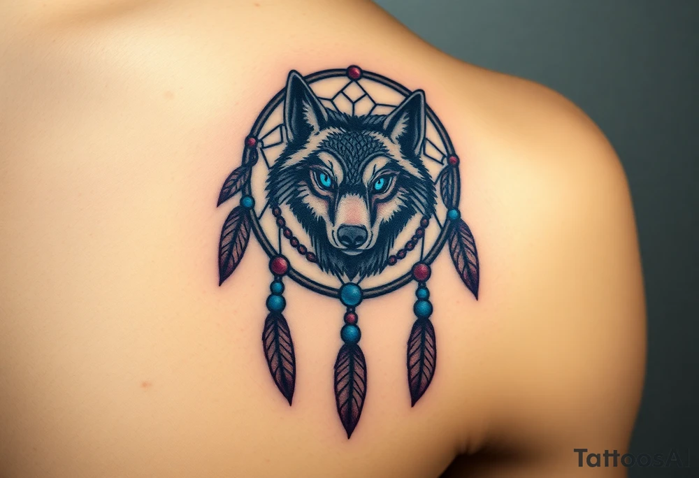 A detailed dreamcatcher with a wolf’s head in the center, surrounded by swirling feathers and beads. The wolf’s eyes glow in bright blue, with soft earth tones in the feathers tattoo idea