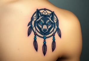 A detailed dreamcatcher with a wolf’s head in the center, surrounded by swirling feathers and beads. The wolf’s eyes glow in bright blue, with soft earth tones in the feathers tattoo idea
