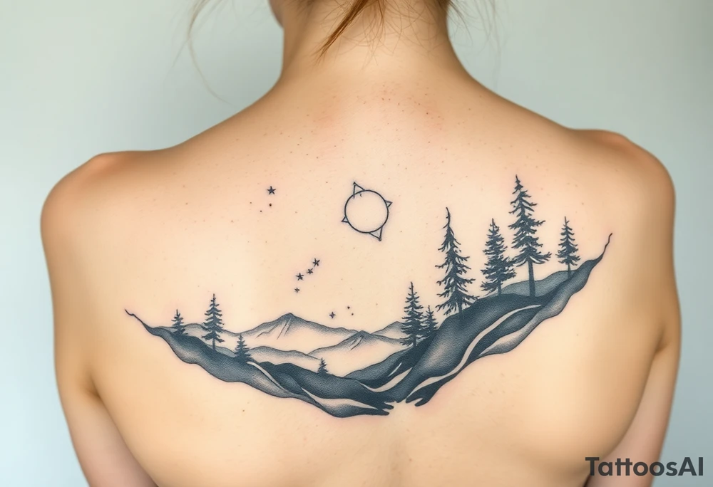 Night sky with constellation, stars & moon seen from a frame of natural landscape tattoo idea