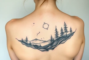 Night sky with constellation, stars  & moon seen from a frame of natural landscape tattoo idea