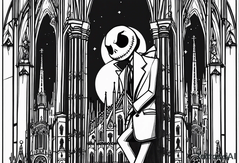 jack skellington leaning against milan cathedral and the date June 07, 2023 tattoo idea