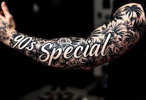 90s special font in cursive Dunning, with big jungle leaves, roses,palm trees, tattoo idea