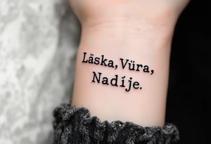 Bold typewriter-style "Láska, Víra, Naděje" in deep charcoal, with a faint heart, cross, and anchor drawn behind each word. tattoo idea