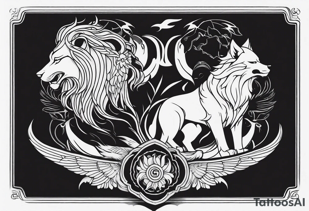 Lion,  wolf,  and phoenix tattoo idea