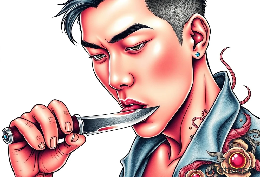 Handsome Asian young guy is licking a ritual knife tattoo idea