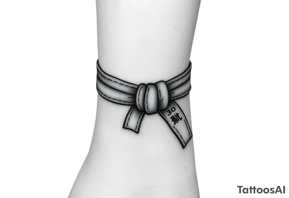A realistic black and gray tattoo of a Brazilian Jiu-Jitsu black belt wrapping around the wrist like a bracelet. The belt is tied in a knot with one end showing the number 30 and the other showing 24. On the flat end of the belt, two Japanese kanji characters are inked in white: 成長 (growth) and 忍耐 (perseverance). The belt has subtle stitch marks and worn, textured shading for a slightly distressed, authentic look. The style is clean, symbolic, and bold, designed to wrap naturally around the wrist like a wristband.” tattoo idea