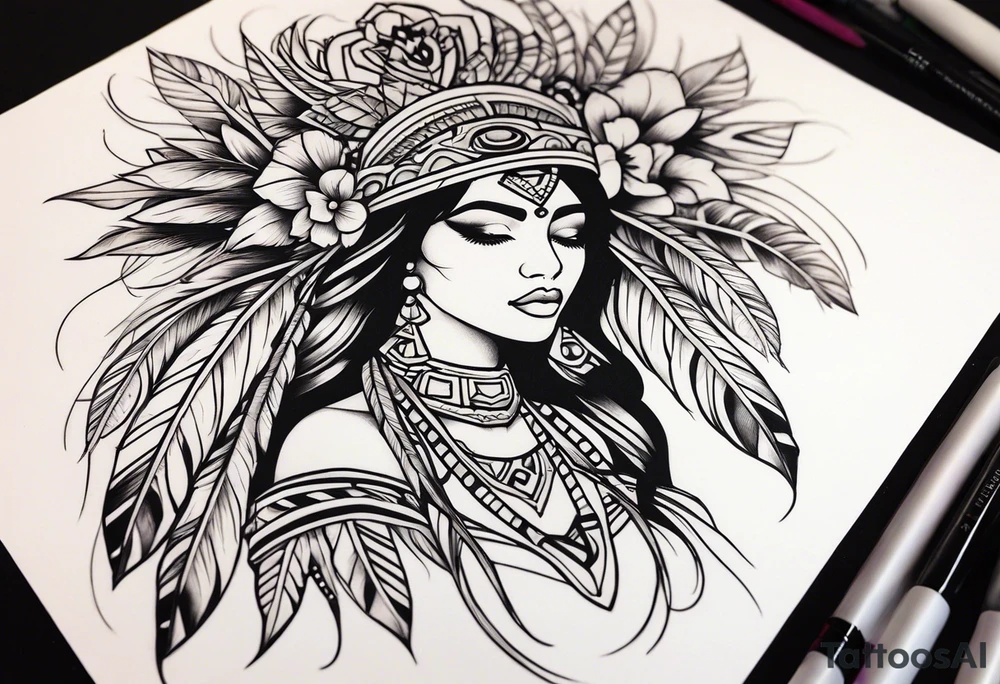 Aztec princess, feather roses tattoo idea