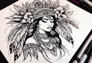 Aztec princess, feather roses tattoo idea