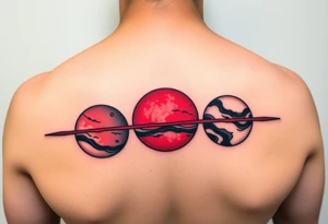 three horizontal planets. Color Black and red with more black tattoo idea