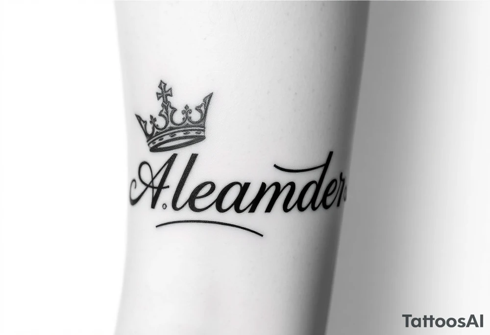 Name tattoo that says Evan Alexander with a crown on forearm tattoo idea