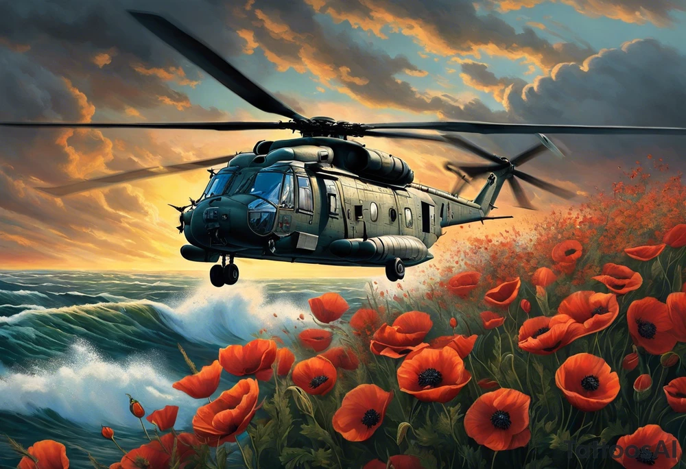 A cinematic-style tattoo depicting a Canadian military CH-148 Cyclone helicopter performing a daring maneuver over a turbulent ocean. The sky should be filled with dramatic clouds, and the sun should be setting, casting long shadows. The helicopter should be the main focus, with intricate details and a sense of motion. In the background, a poppy should be prominently displayed, and a quote from 'Lest We Forget' should be included, black and white tattoo tattoo idea