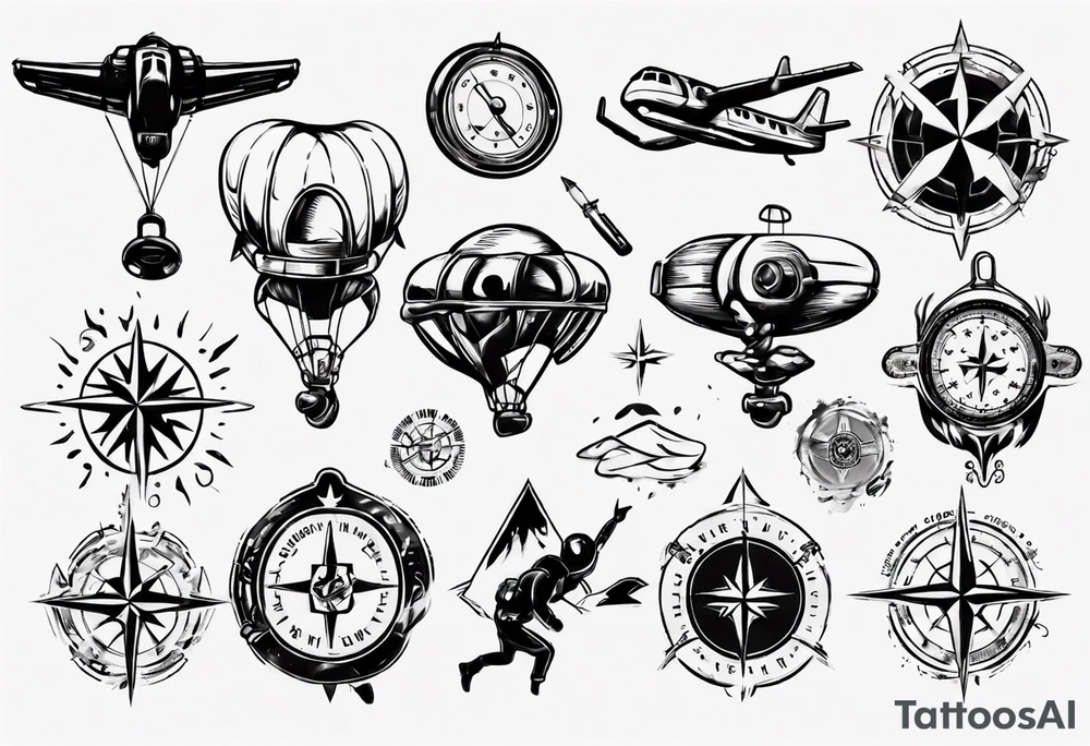 skydiving, shooting guns, compass, adventure tattoo idea