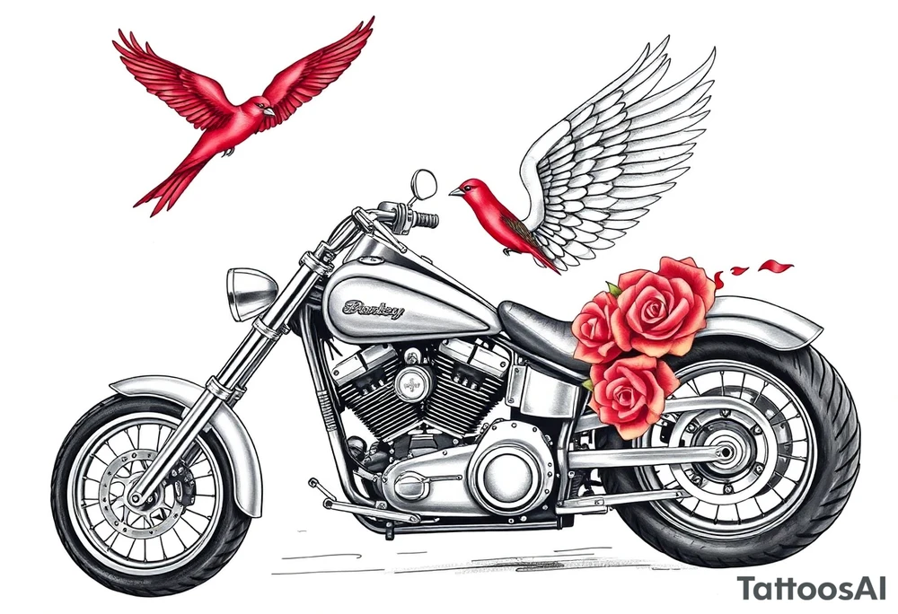 Harley grey motorcycle driving away, two red birds flying, roses, flames, angel wings tattoo idea