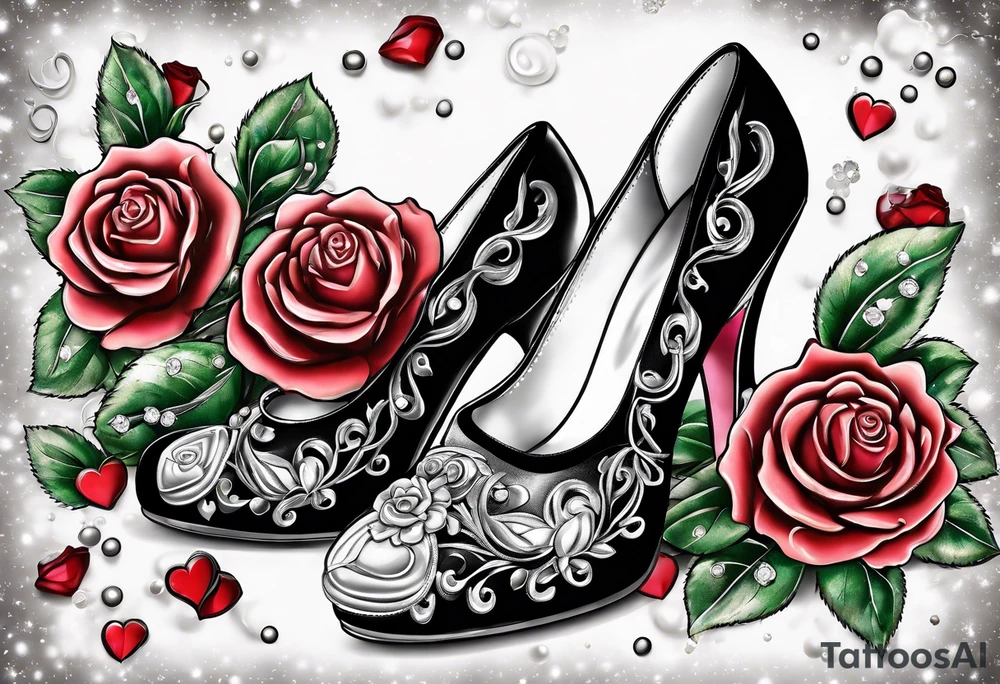 Pearl necklace wrapped around 1950s pinup pumps with roses surrounding tattoo idea