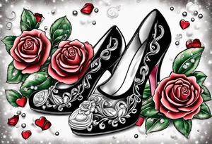 Pearl necklace wrapped around 1950s pinup pumps with roses surrounding tattoo idea