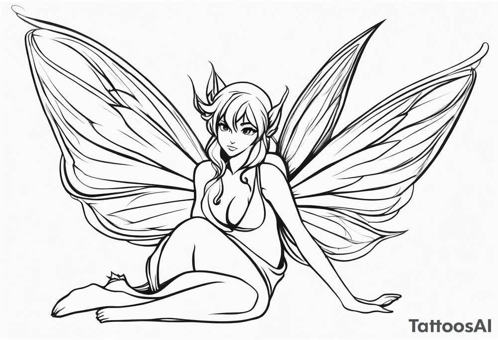 No color sketch of a fairy with a tail inspired by the guild symbol in the anime show called Fairy Tail in a fetal position leaning forward while crawled in and her body is an angle while floating in the air with big wings tattoo idea
