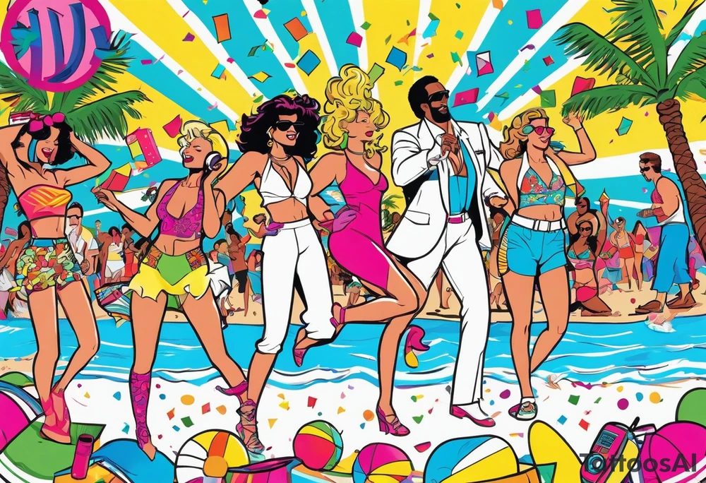 1980's miami vice style beach dance 
party, include confetti, music notes, boom box, bikinis tattoo idea