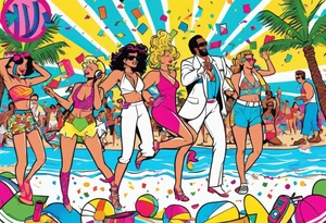 1980's miami vice style beach dance 
party, include confetti, music notes, boom box, bikinis tattoo idea