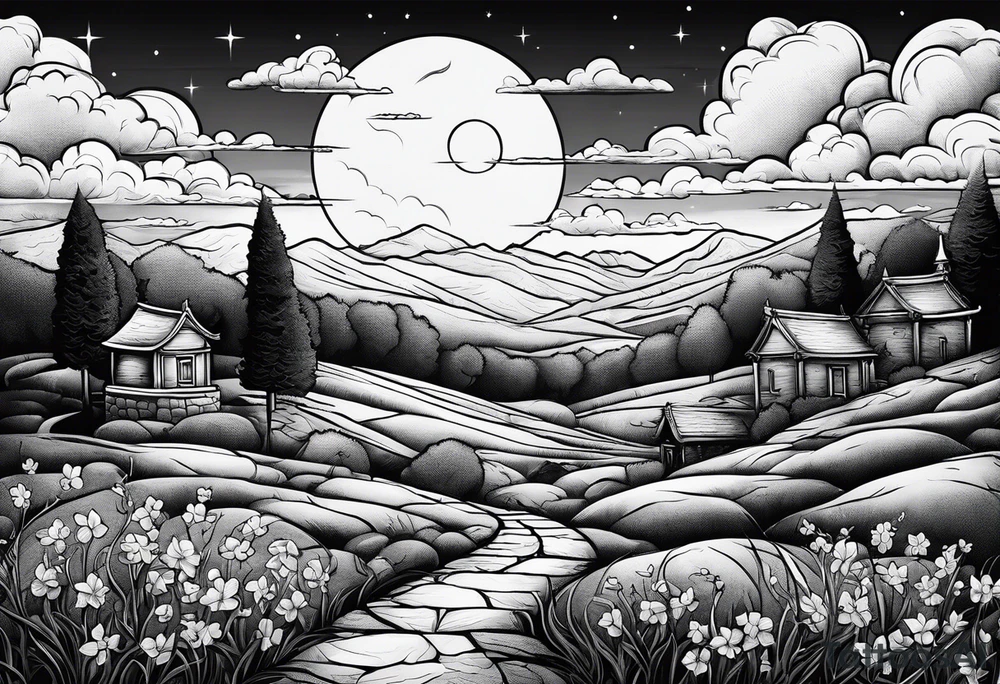 Cemetery on hills with clouds and moon tattoo idea