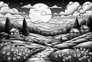 Cemetery on hills with clouds and moon tattoo idea