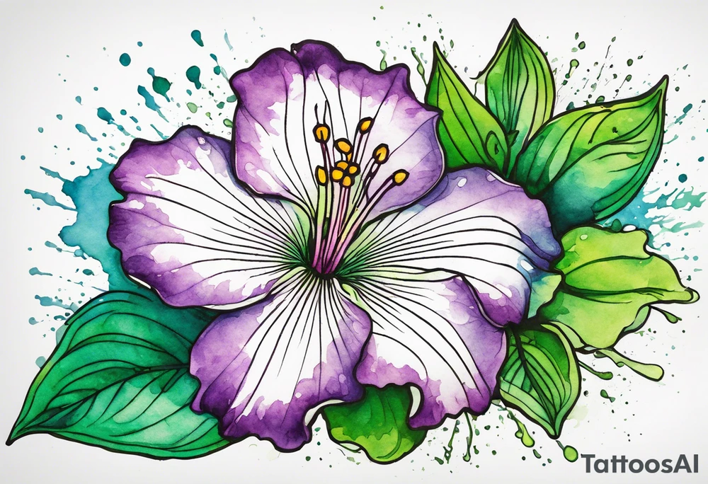 An outline of an only green rio dipladenia flower and a green and purple watercolor splash in the background tattoo idea