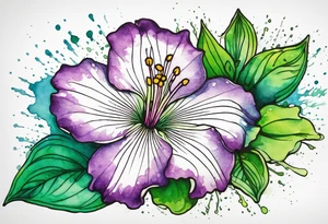 An outline of an only green rio dipladenia flower and a green and purple watercolor splash in the background tattoo idea