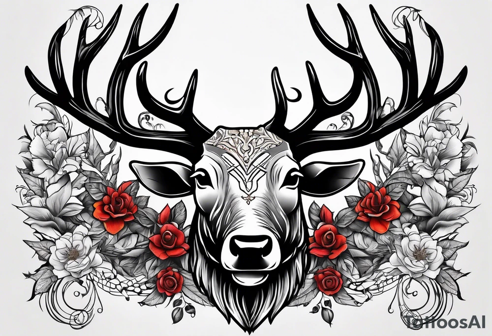 back tattoo of a front view reindeer with half the face as a skull tattoo idea