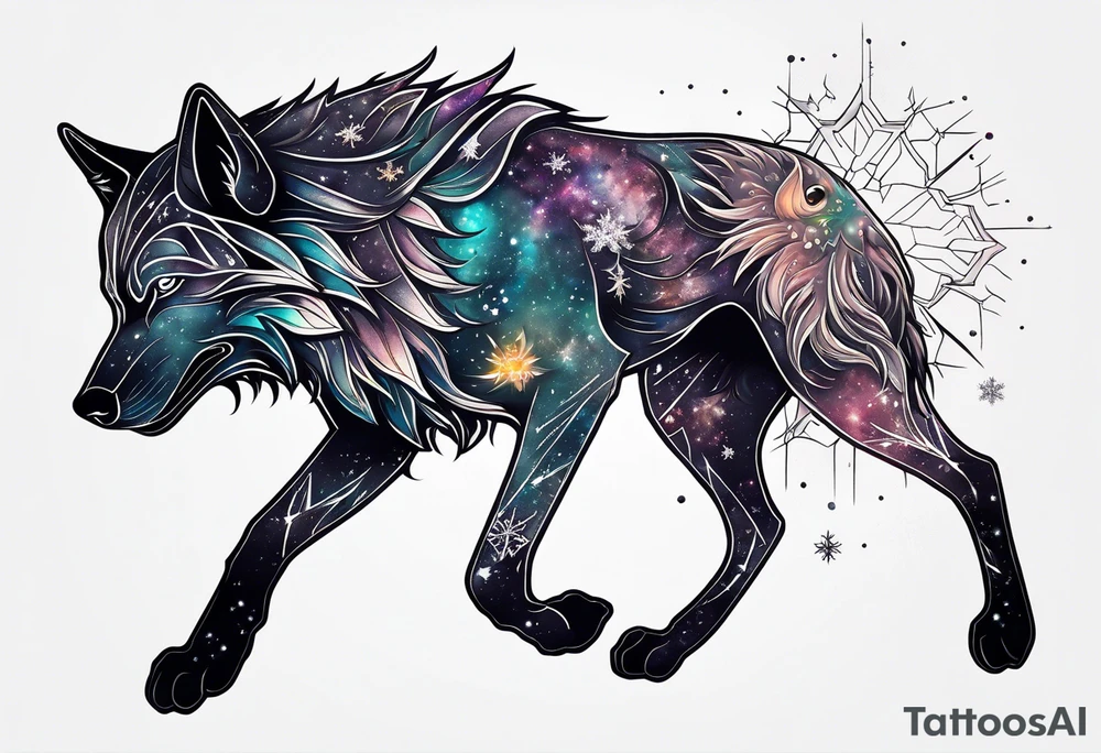 Constellation, animal alien wolf, snowflake tattoo idea