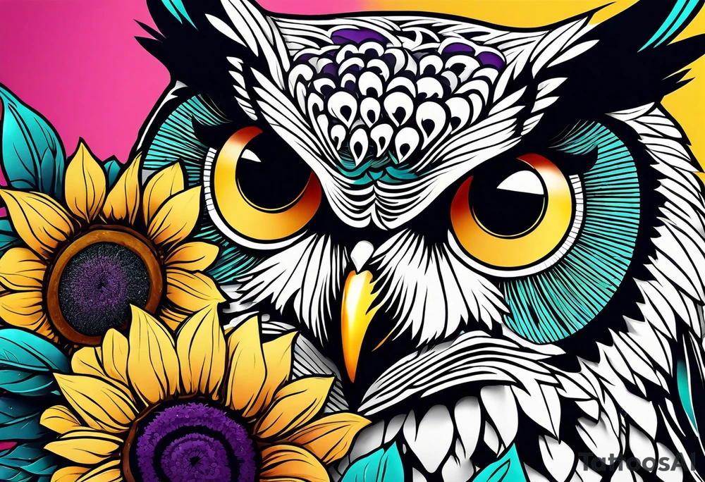 Black and white owl shaded teal, pink and purple surrounded by yellow sunflowers sleeve tattoo idea