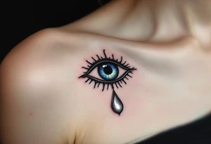 A black Nazar symbol (evil eye) with rich blue irises and a silver tear drop below. tattoo idea
