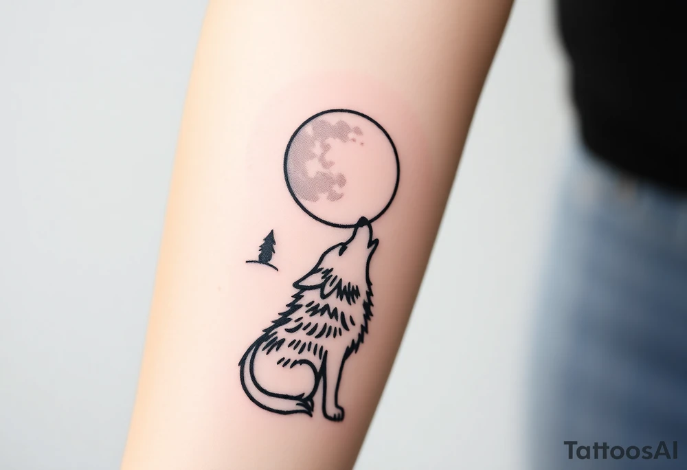 lone wolf howling at full moon with northern lights backdrop tattoo idea