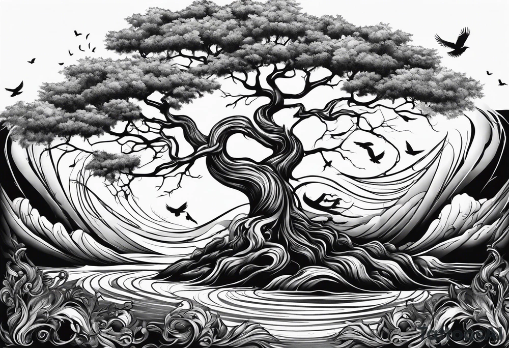 tree with water flowing and phoenix and roots and waves and three birds tattoo idea