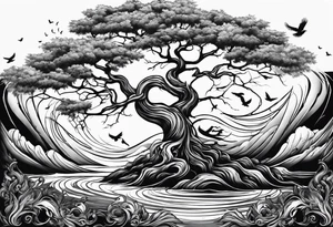 tree with water flowing and phoenix and roots and waves and three birds tattoo idea