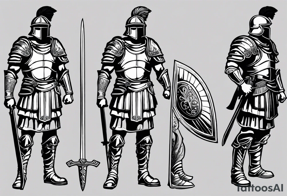 a black and white illustration of a roman soldier from AD 60, wearing armor which must include an armoured belt, breastplate, armoured shoes, shield, helmet and sword.
the soldier must look strong. the soldier is faceless. The image must include the full person - from head to toes tattoo idea