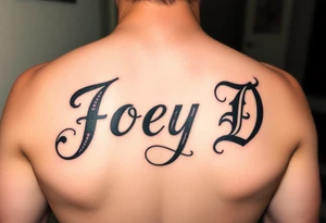 The words Joey D written with a large scale fancy J at the start tattoo idea