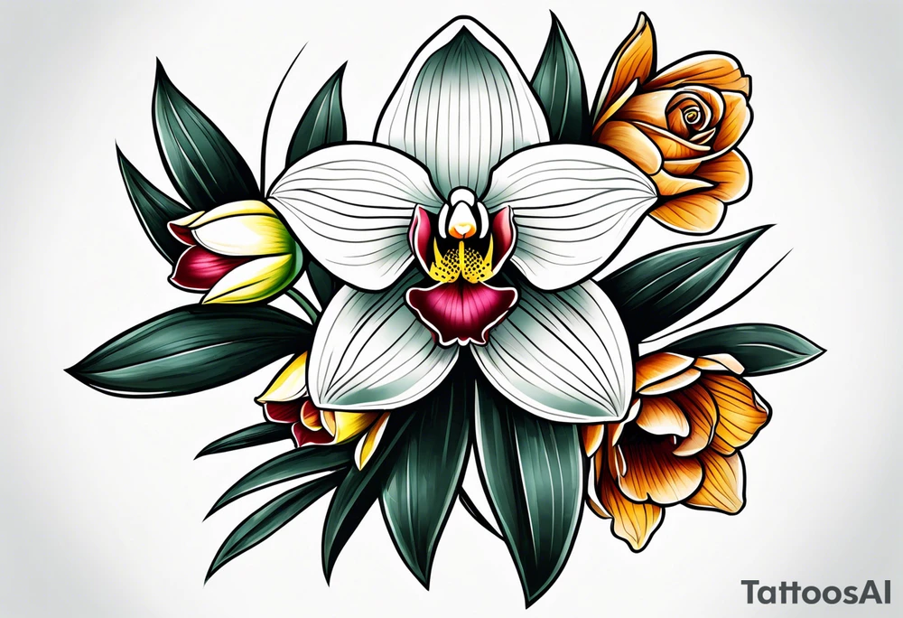 Cymbidium orchid rose on each side tattoo idea